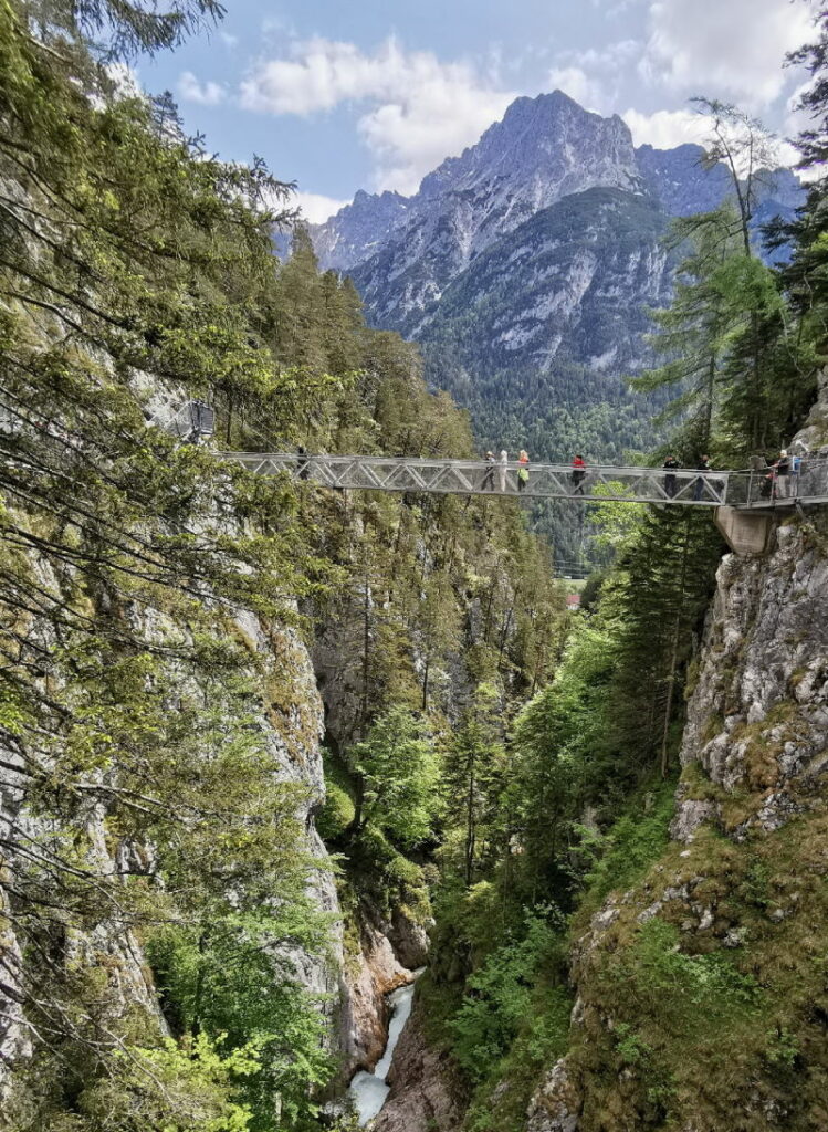 Die Leutaschklamm mit der Panoramabrücke, überragt vom Karwendel in Mittenwald